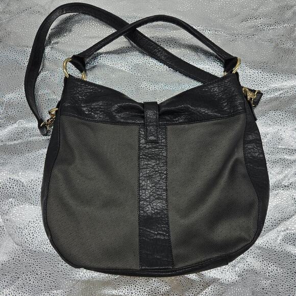 NEW Kate Landry Large Black Gold Canvas & Leather Hobo Shoulder Bag - Picture 3 of 11